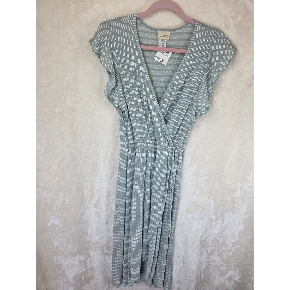 Caution to the Wind Women Green White Dash Print Faux Wrap Midi Dress Small NEW
